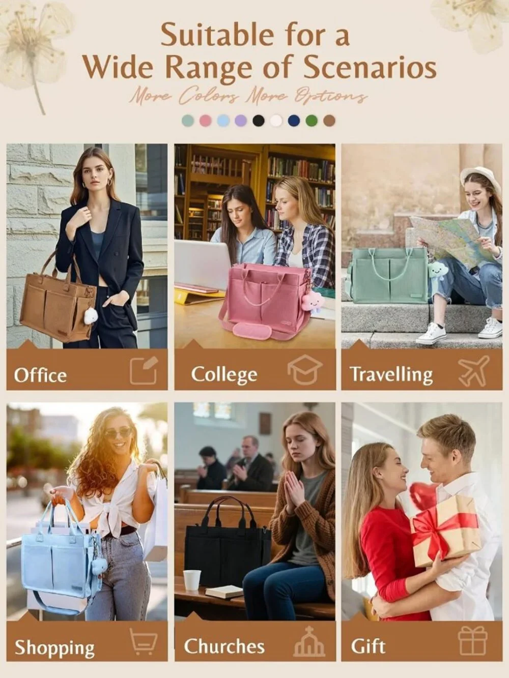 Stylish Canvas Tote Bag for Women, Zippered Work Laptop Purse with Compartments